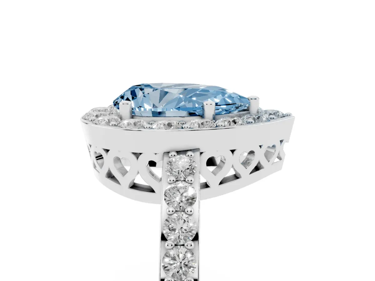 Fancy Blue Pear Cut Halo Diamond Pavé Band Ring with Prong Setting Platinum