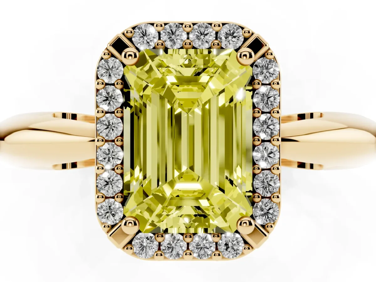 Fancy Yellow Emerald Cut Cut Diamond Halo Engagement Ring with Split Shank and Four-Prong Setting Yellow gold