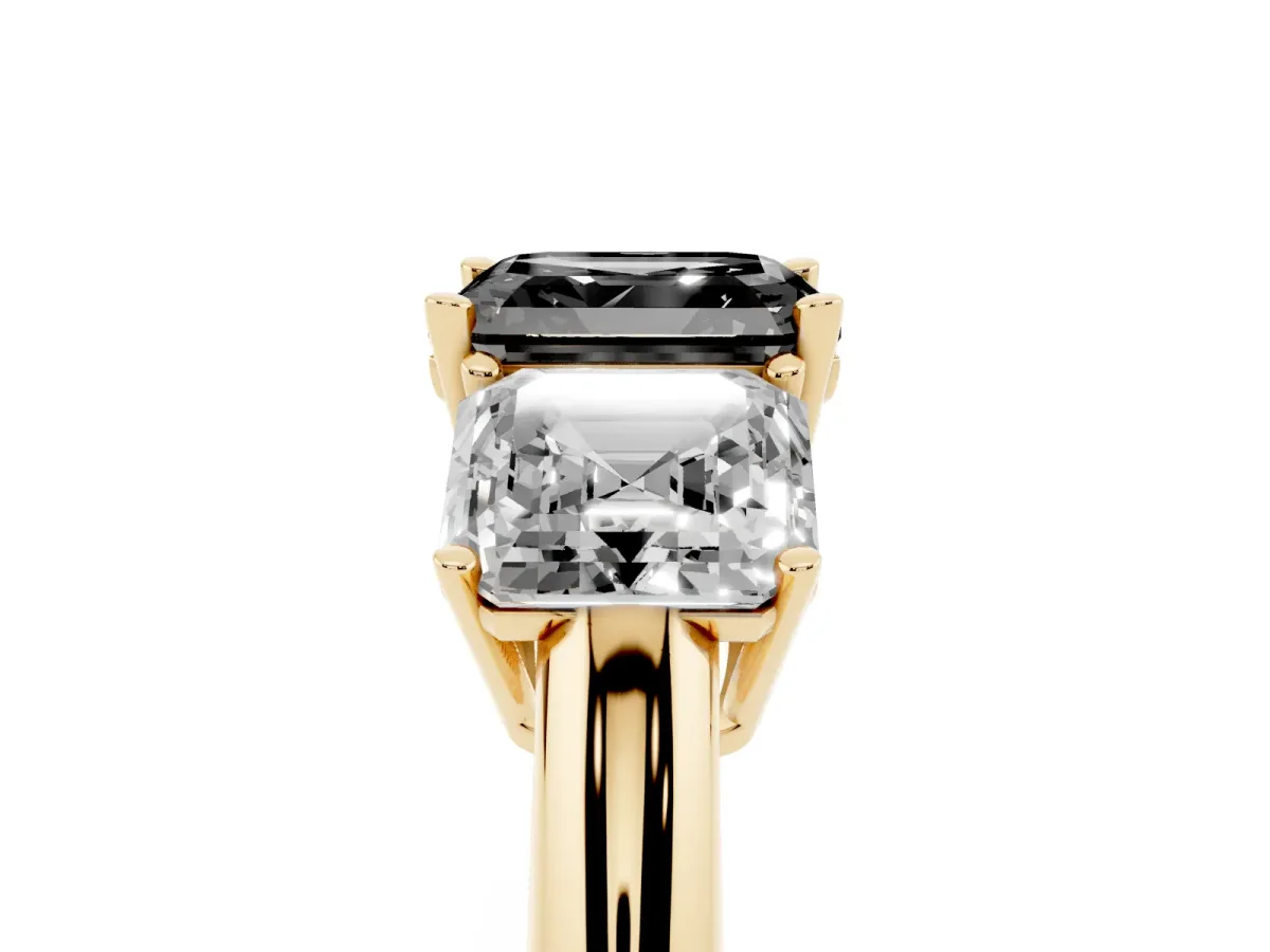 Fancy Black Three-Stone Asscher Cut Cut Diamond Engagement Ring with Prong Setting on a White Gold Band Yellow gold
