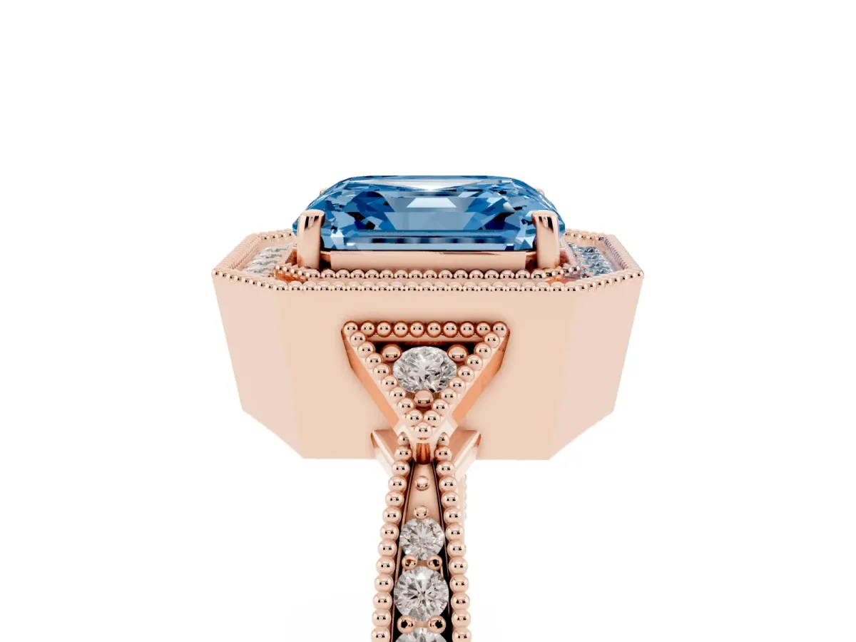 Fancy Blue Asscher Cut Halo Round Diamond Milgrain Pave Engagement Ring Rose gold