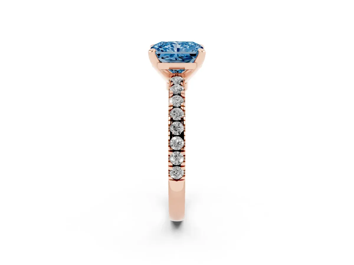 Fancy Blue Radiant Cut Solitaire Diamond with Pavé Band and Four-Prong Setting Rose gold