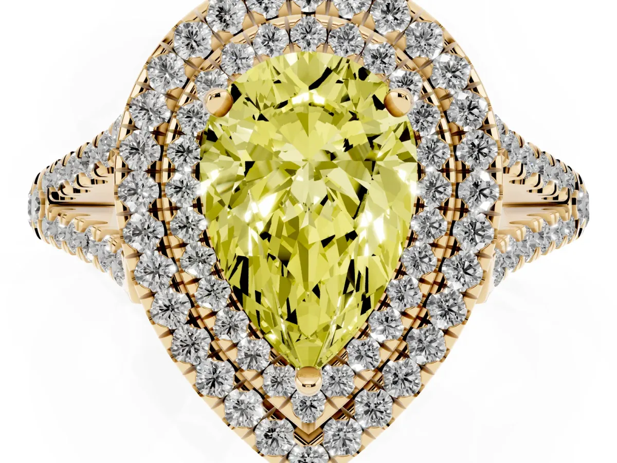 Fancy Yellow Pear Cut Diamond Double Halo Ring with Pavé Band and Prong Setting Yellow gold