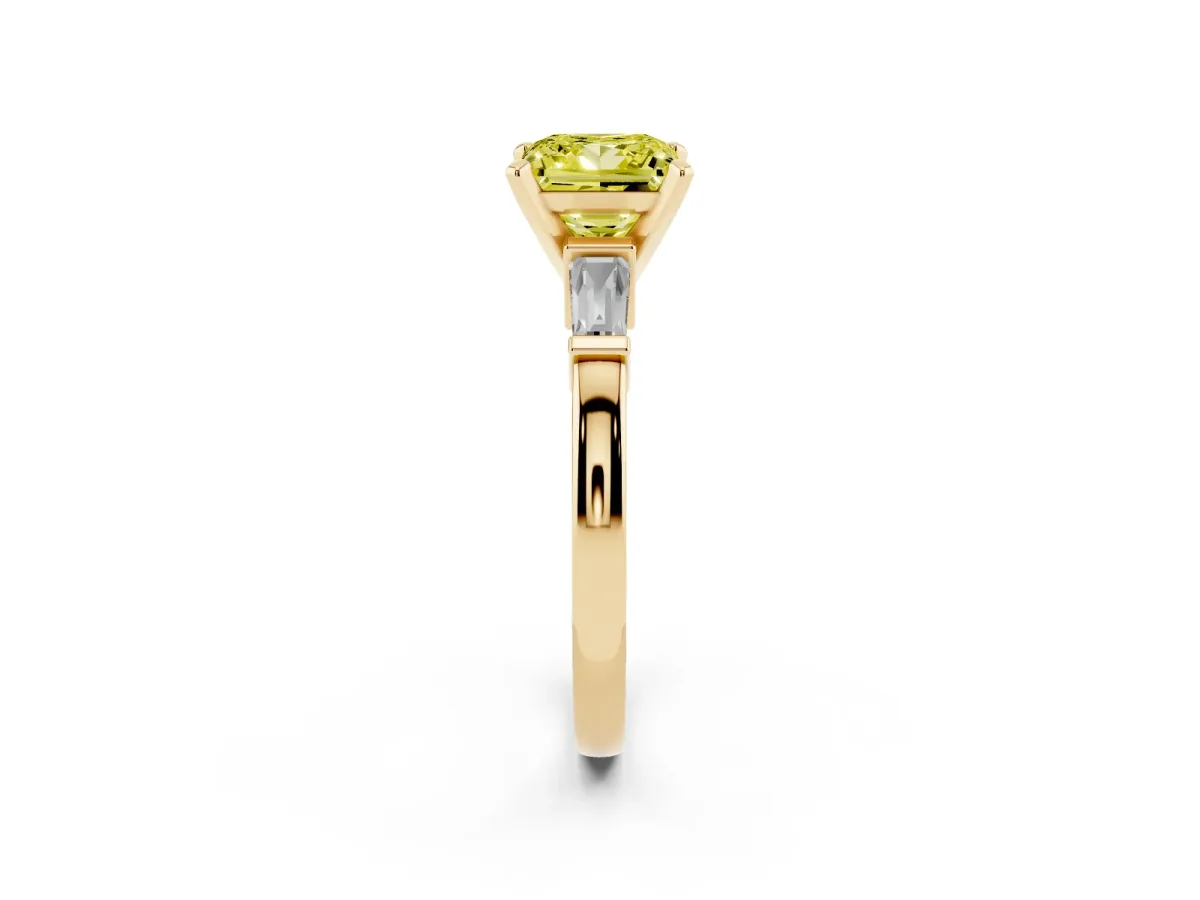 Fancy Yellow Princess Cut Cut Diamond Solitaire Ring with Tapered Baguette Accents and Four-Prong Setting Yellow gold