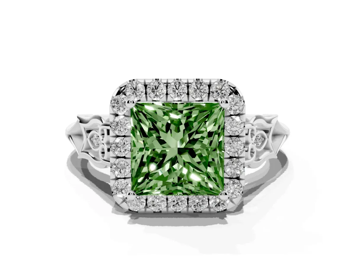 Fancy Green Princess Cut Halo Diamond Engagement Ring with Filigree Band and Four-Prong Setting Platinum