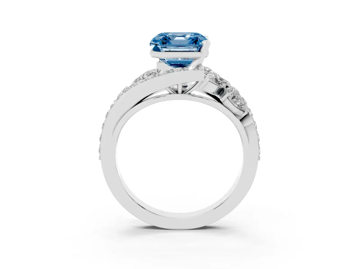 Fancy Blue Asscher Cut Diamond Halo Ring with Marquise and Pavé Band in Prong Setting White gold