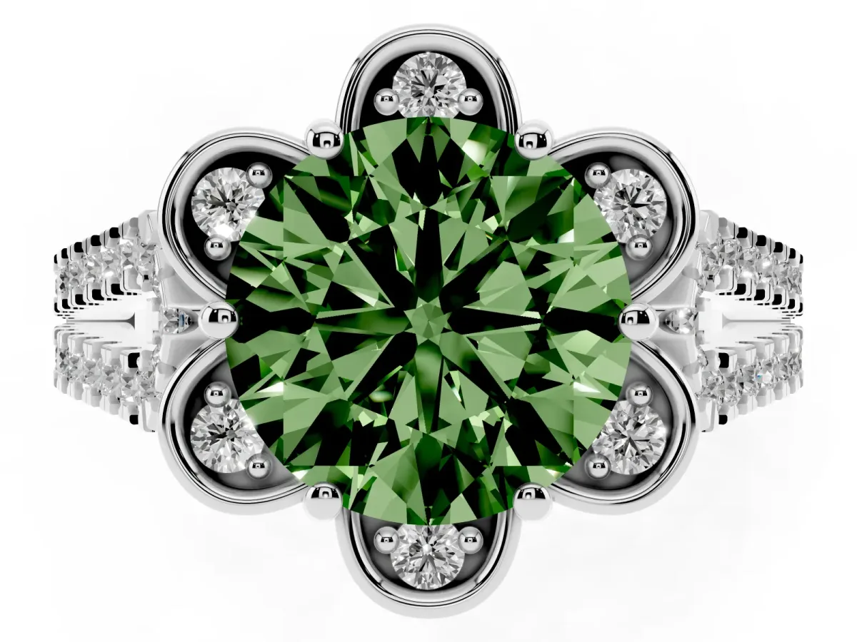 Fancy Green Round Cut Halo Diamond Floral Split Shank Engagement Ring Silver