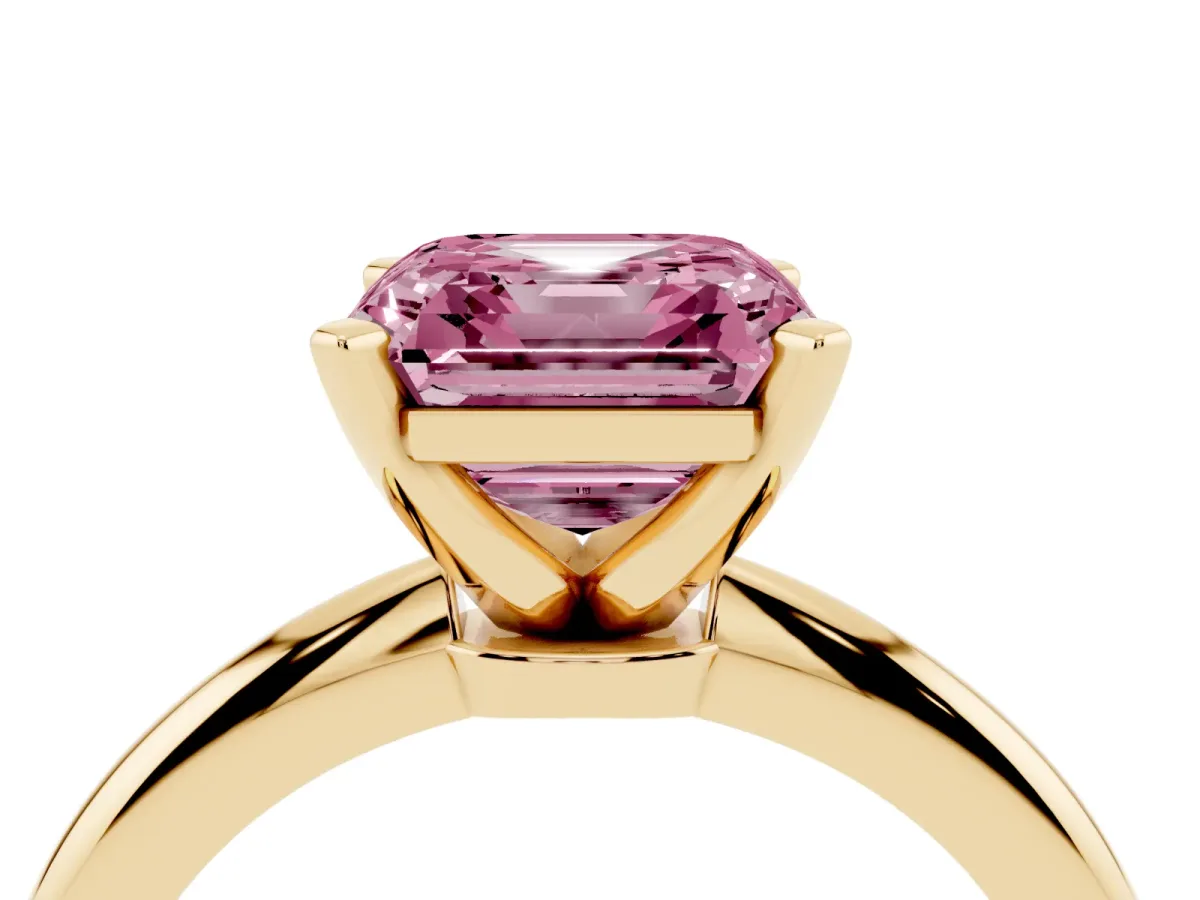 Fancy Pink Asscher Cut Diamond Solitaire Ring with Prong Setting and Classic Band Yellow gold