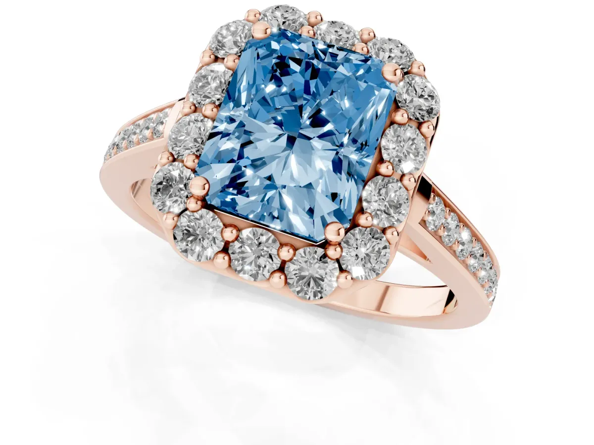 Fancy Blue Radiant Cut Diamond Floral Halo Ring with Pavé Band and Prong Setting Rose gold