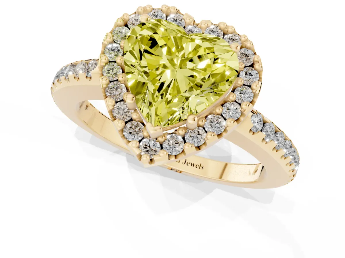 Fancy Yellow Heart Cut Diamond Pavé Halo Ring with Four-Prong Setting Yellow gold