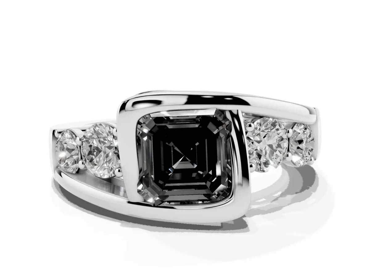 Fancy Black Bezel Set Asscher Cut Diamond Bypass Ring with Round Accents Silver