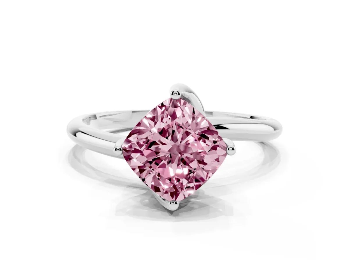 Fancy Pink Cushion Cut Diamond Solitaire Engagement Ring with Four-Prong Setting and Classic Band Platinum