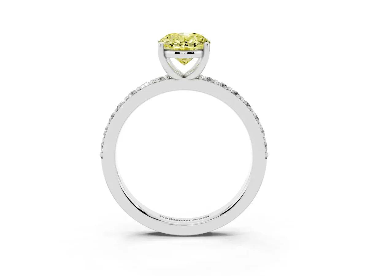 Fancy Yellow Oval Cut Cut Diamond Solitaire with Pave Band and Four-Prong Setting Silver