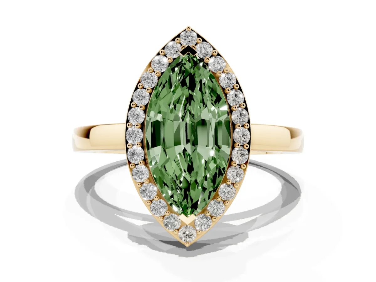 Fancy Green Marquise Cut Halo Diamond Ring with Solitaire Band and Prong Setting Yellow gold