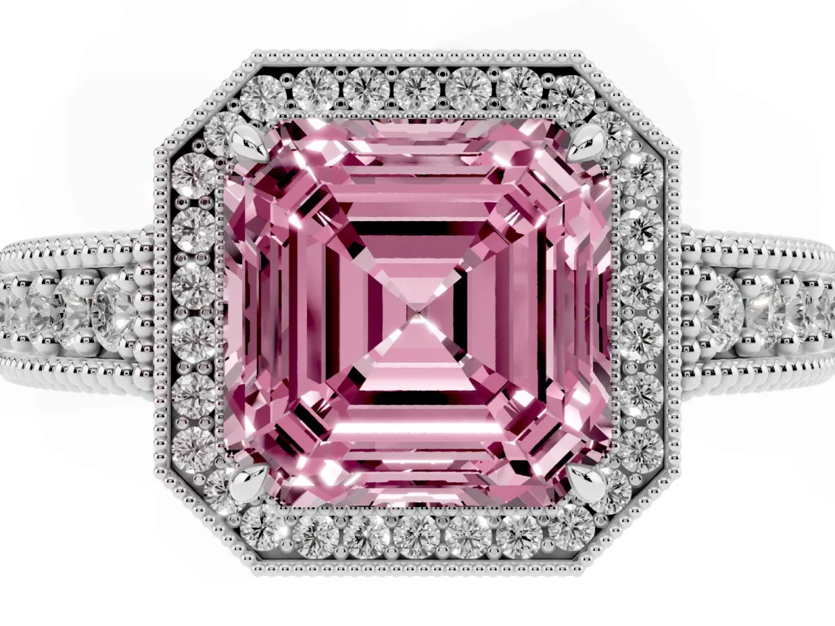 Fancy Pink Asscher Cut Cut Halo Diamond Ring with Pavé Band and Four-Prong Setting White gold