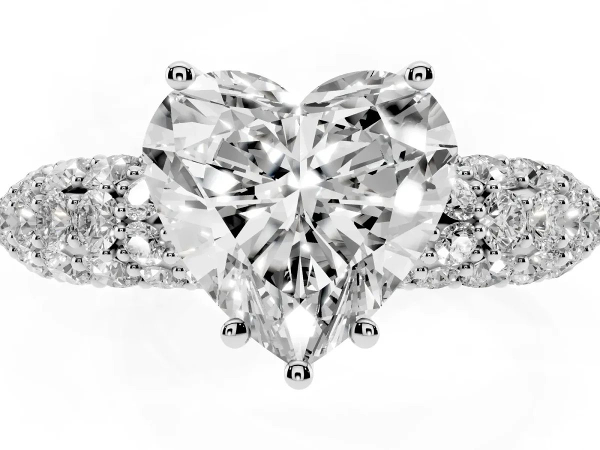 Heart Cut Diamond Pavé Band Solitaire Ring with Four-Prong Setting Silver