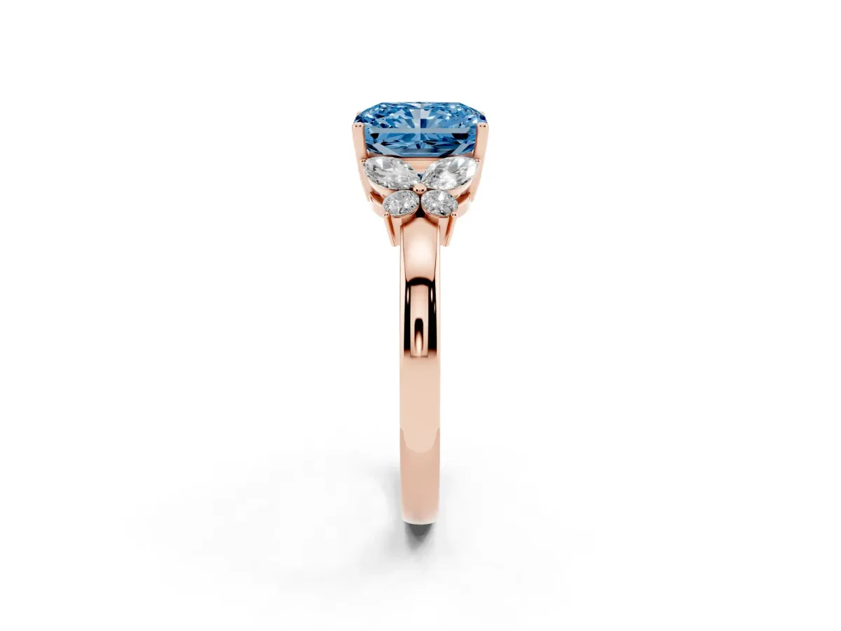 Fancy Blue Radiant Cut Cut Solitaire Floral Diamond Ring with Four-Prong Setting Rose gold