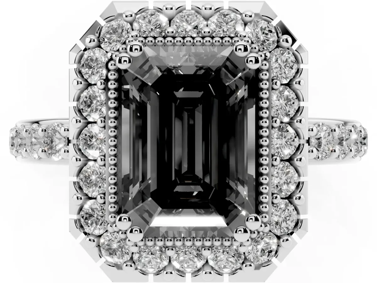 Fancy Black Emerald Cut Diamond Halo Ring with Pavé Band and Prong Setting Silver