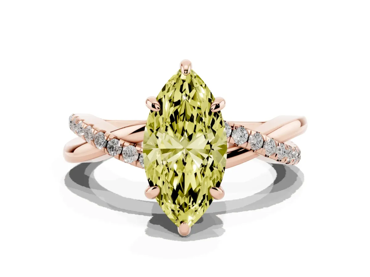 Fancy Yellow Marquise Cut Cut Diamond Twist Band Solitaire with Prong Setting Rose gold