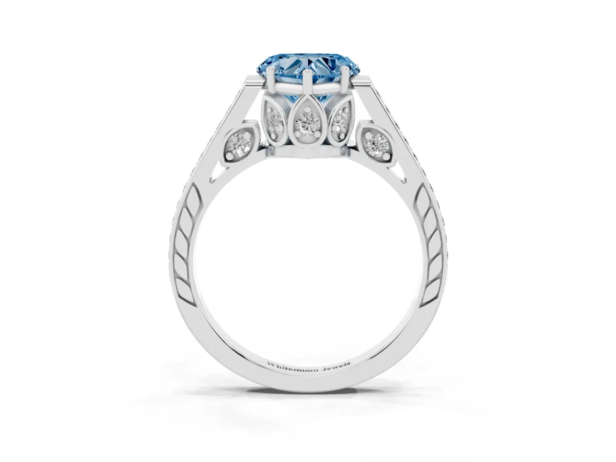 Fancy Blue Heart Cut Cut Cathedral Pave Diamond Engagement Ring with Six-Prong Setting Silver