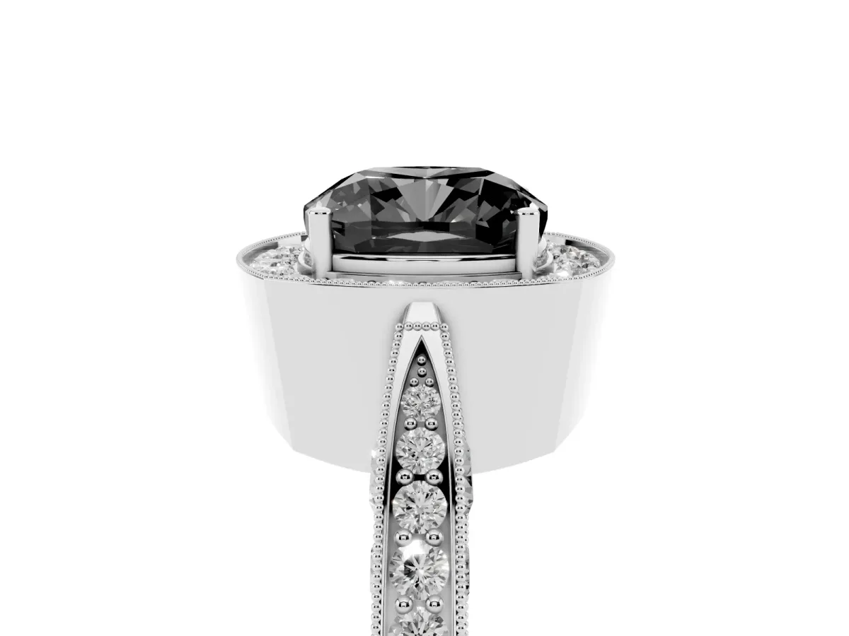 Fancy Black Cushion Cut Halo Diamond Engagement Ring with Split Shank Band and Four-Prong Setting Silver