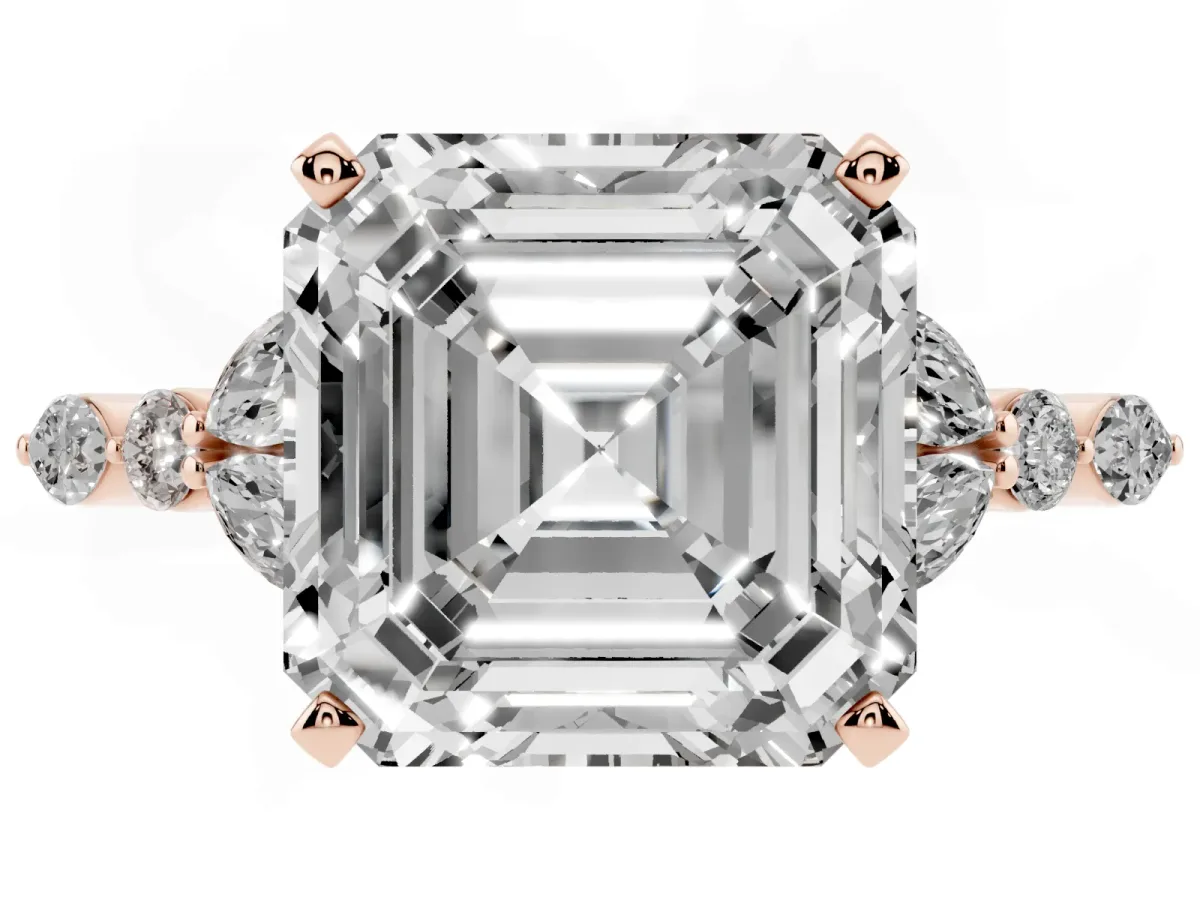 Asscher Cut Diamond Solitaire Ring with Side Stones and Four-Prong Setting Rose gold