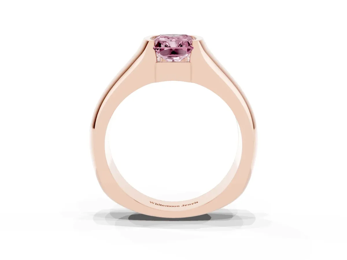 Fancy Pink Radiant Cut Solitaire Bezel Set Diamond Ring with Wide Band Rose gold