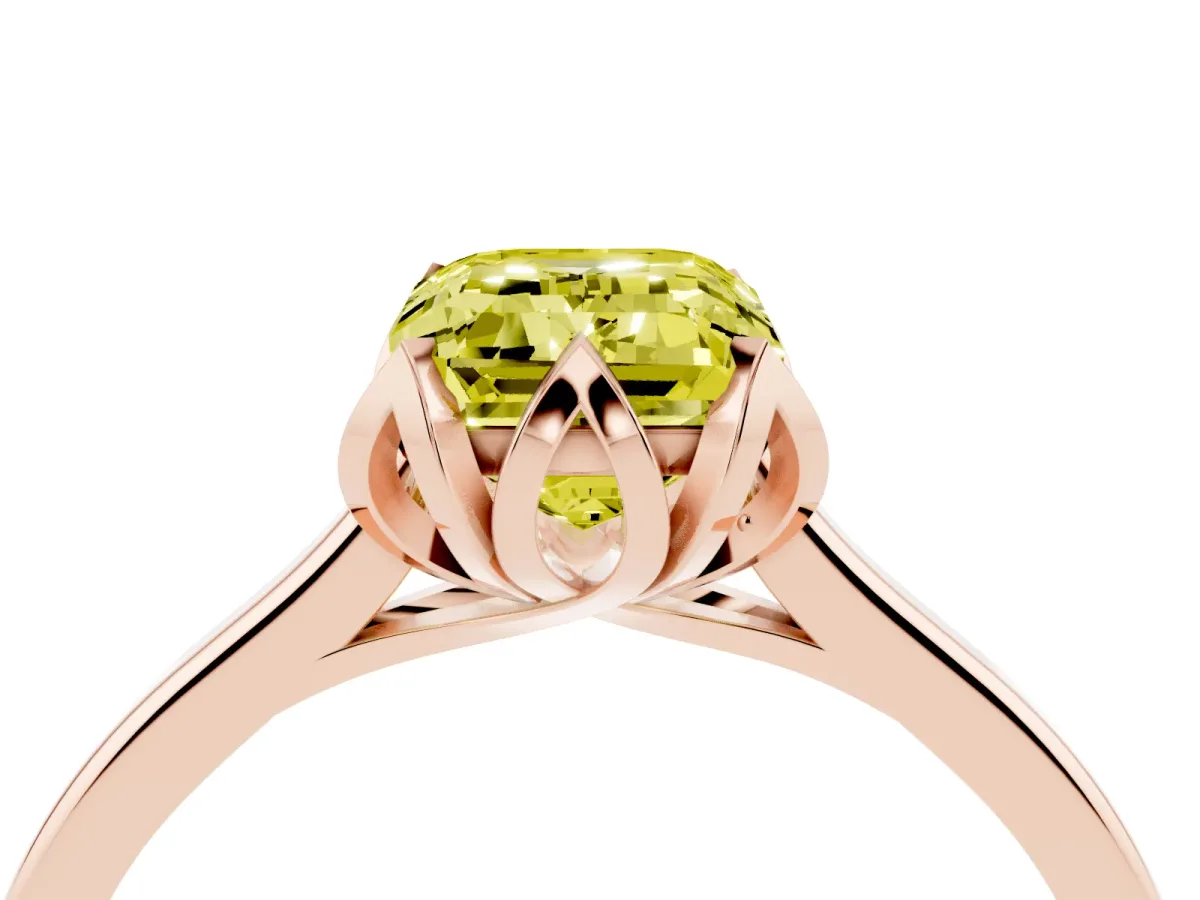 Fancy Yellow Emerald Cut Diamond Solitaire Ring with Flower Prong Setting and Classic Band Rose gold