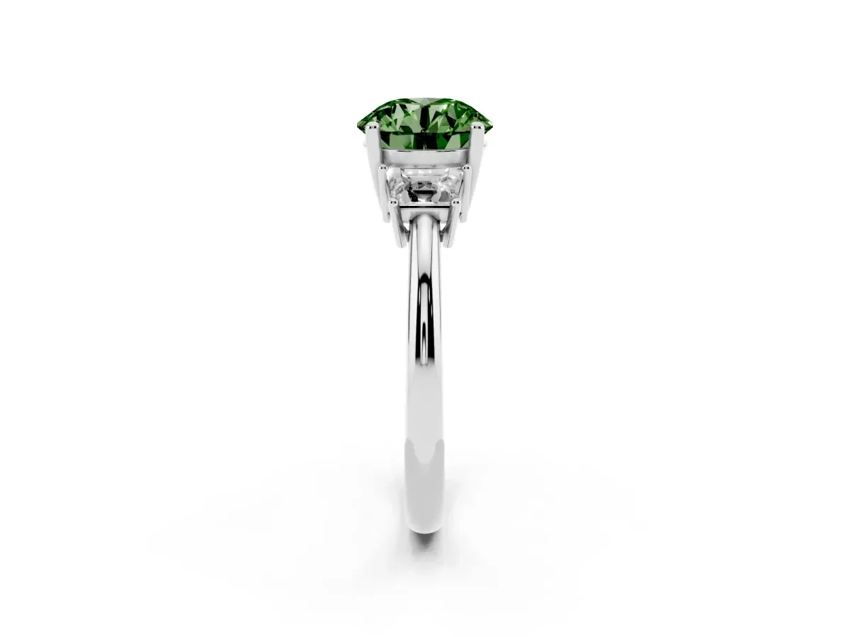 Fancy Green Round Cut Diamond Three-Stone Ring with Trapezoid Side Stones and Prong Setting Silver