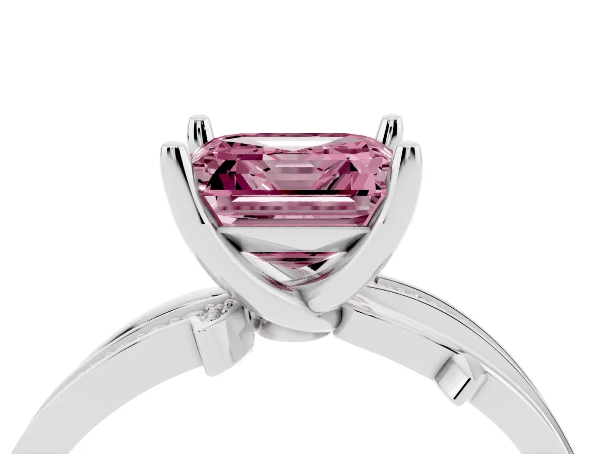 Fancy Pink Asscher Cut Solitaire Twist Band with Pavé Accents and Four-Prong Setting Platinum
