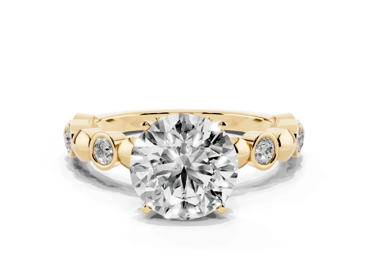 Round Cut Solitaire Bezel-Set Diamond Ring with Beaded Band and Four-Prong Setting Yellow gold