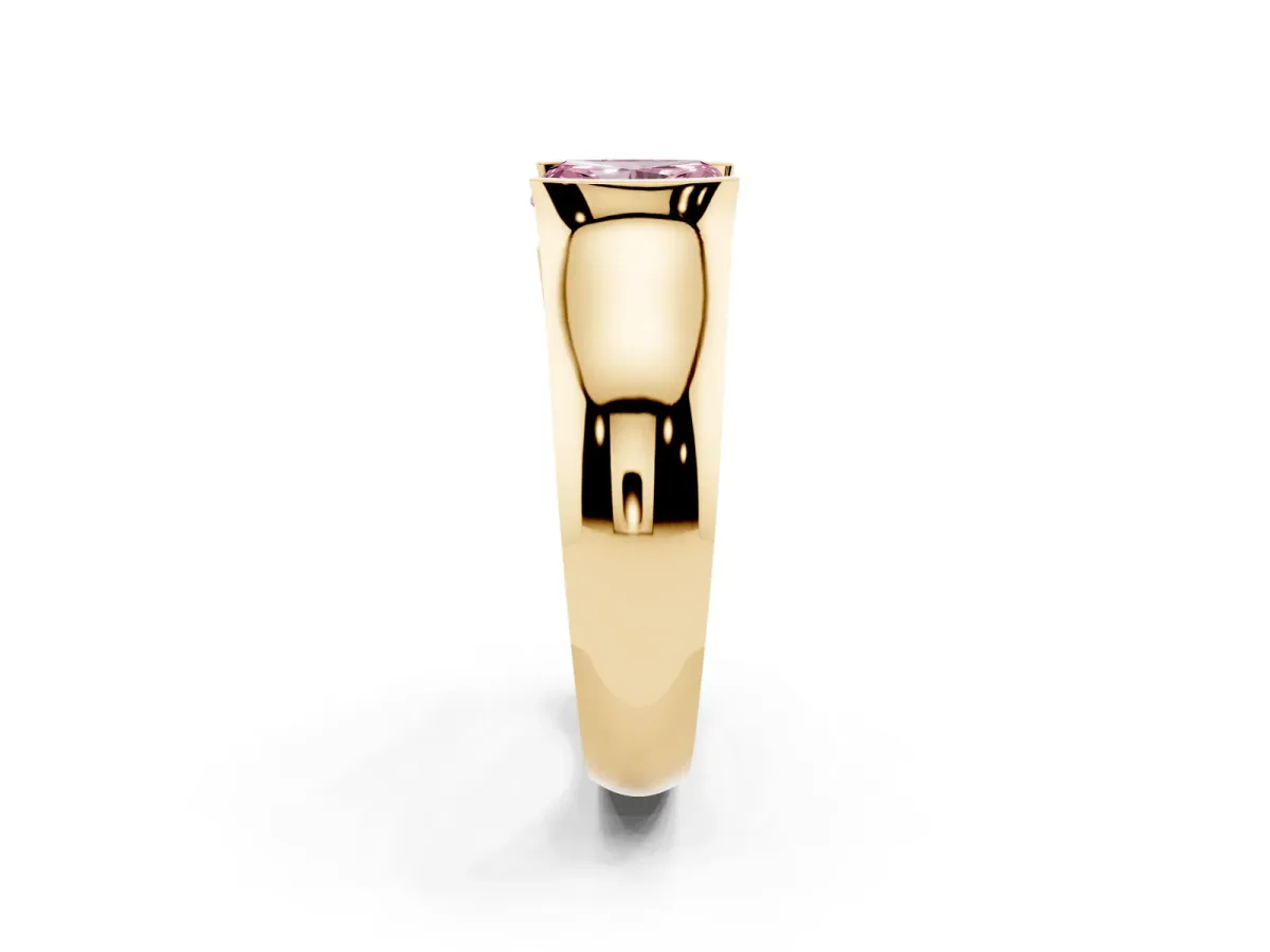 Fancy Pink Radiant Cut Solitaire Bezel Set Diamond Ring with Wide Band Yellow gold