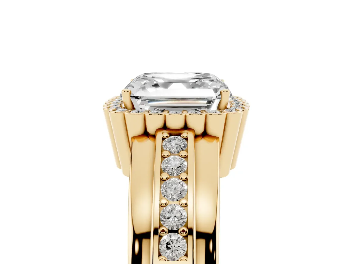 Asscher Cut Cut Halo Pave Band Four-Prong Ring Yellow gold