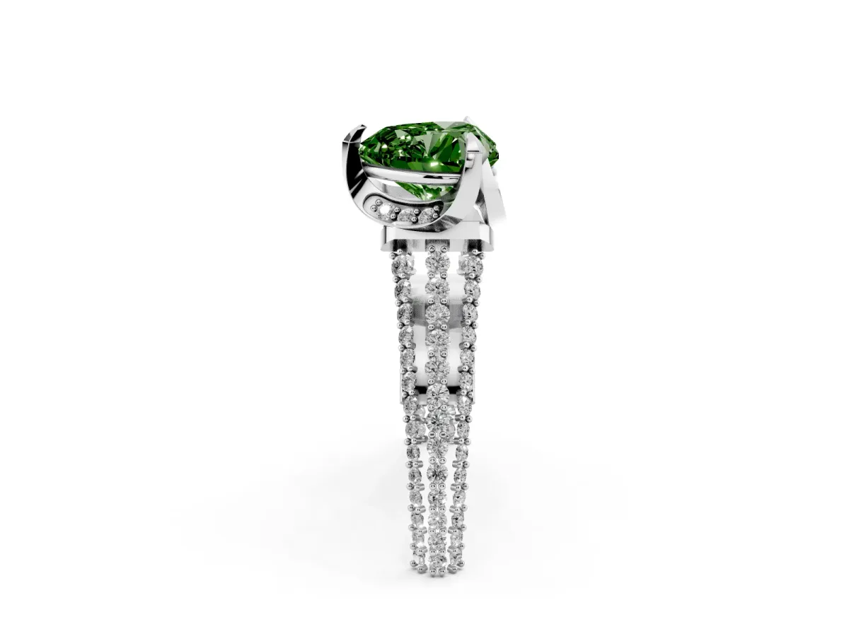 Fancy Green Heart Cut Solitaire Pave Split Shank Ring with Four-Prong Setting Silver