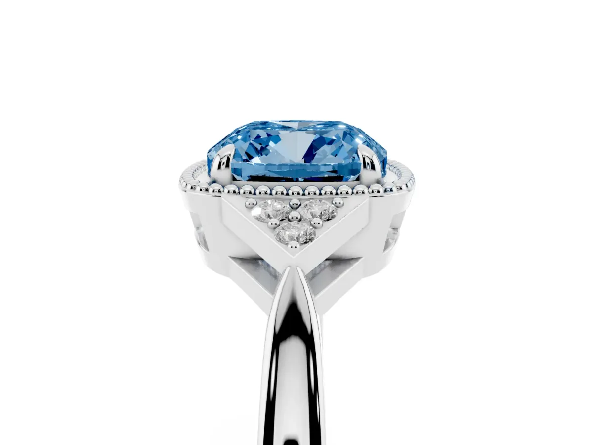 Fancy Blue Hexagonal Halo Cushion Cut Diamond Solitaire with Pavé Band and Four-Prong Setting Silver
