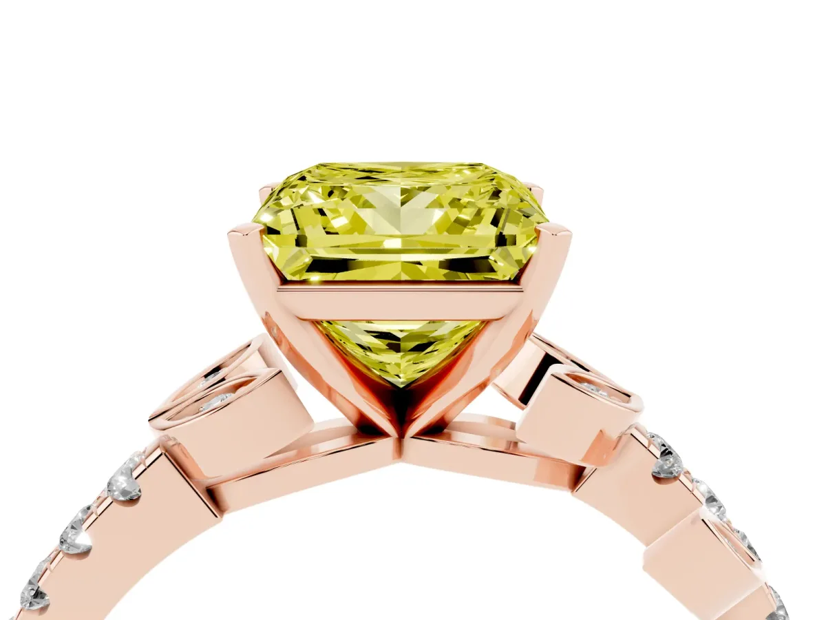 Fancy Yellow Princess Cut Solitaire Leaf-Inspired Diamond Ring with Pavé Band and Four-Prong Setting Rose gold