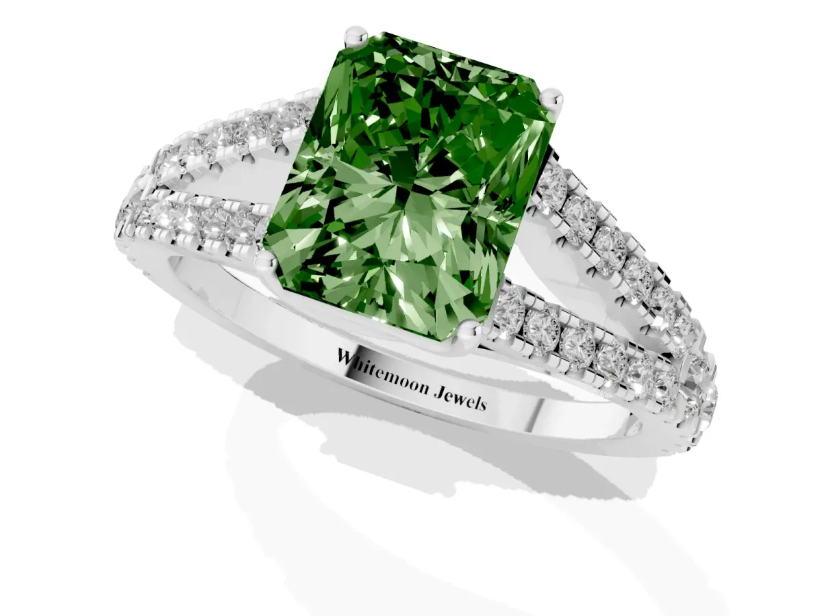 Fancy Green Radiant Cut Diamond Split Shank Pavé Engagement Ring with Four-Prong Setting Platinum
