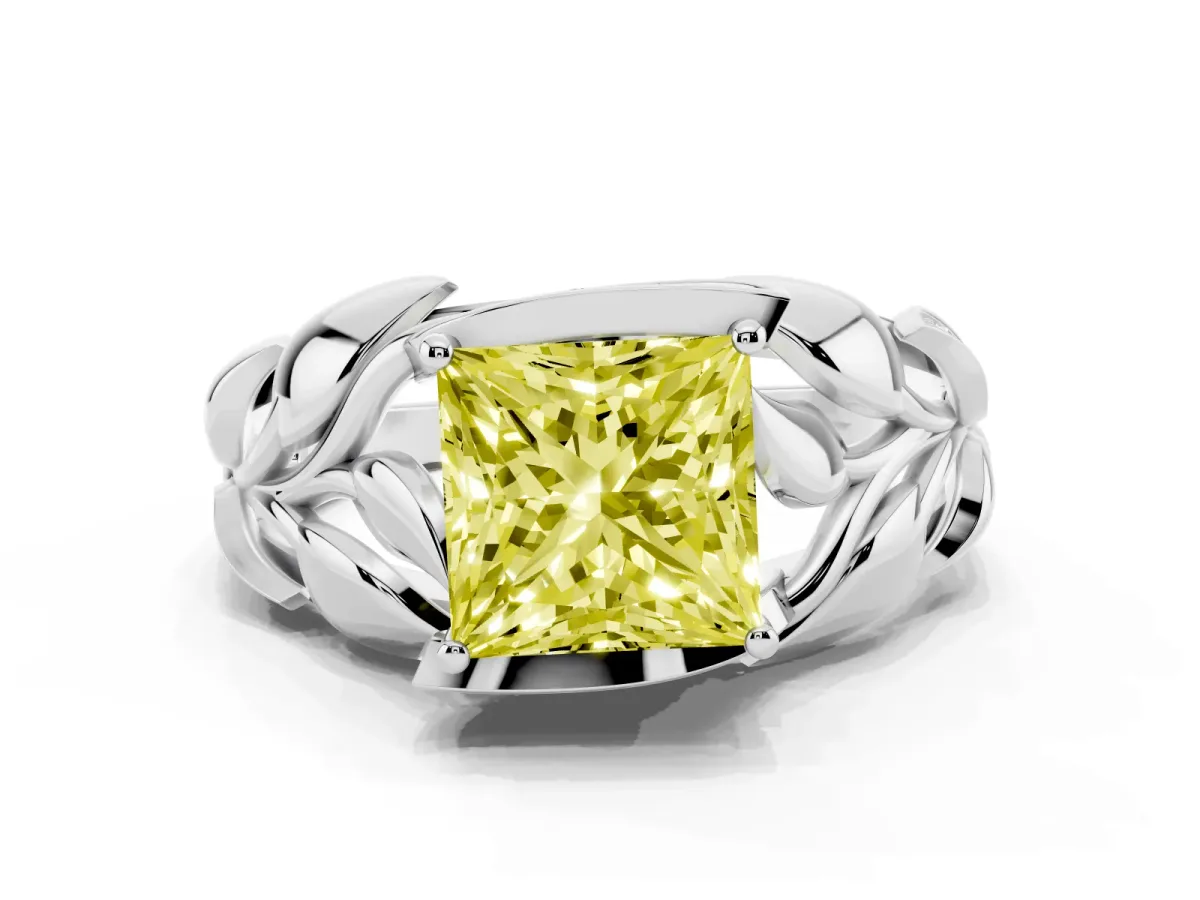 Fancy Yellow Princess Cut Diamond Leaf-Inspired Engagement Ring with Round Accents and Prong Setting White gold