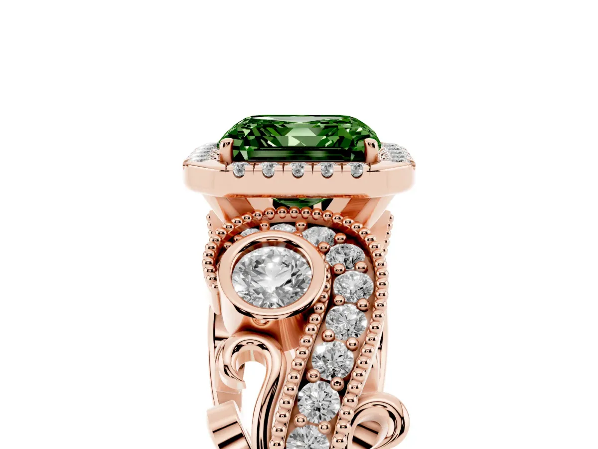Fancy Green Asscher Cut Diamond Halo Ring with Milgrain Pavé Band and Four-Prong Setting Rose gold