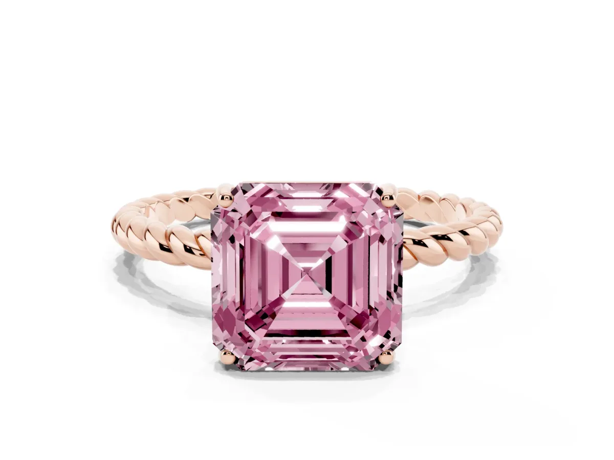 Fancy Pink Asscher Cut Solitaire Twist Band Ring with Four-Prong Setting Rose gold