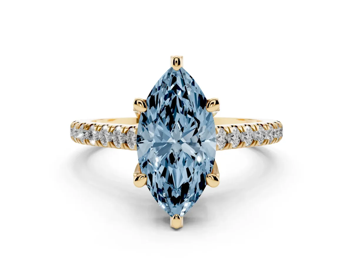 Fancy Blue Marquise Cut Brilliant Diamond Solitaire with Pavé Band and Four-Prong Setting Yellow gold