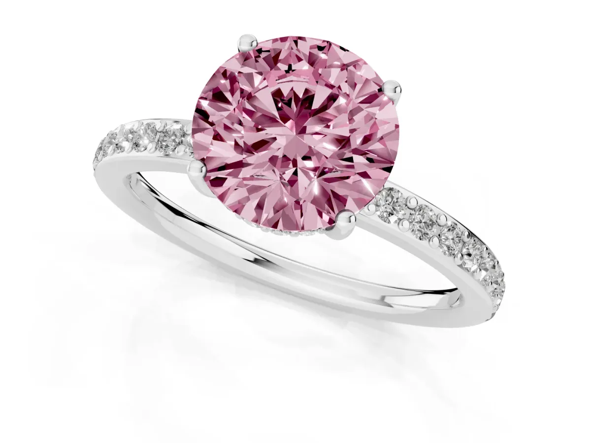 Fancy Pink Round Cut Cut Diamond Pavé Band Ring with Four-Prong Setting Silver