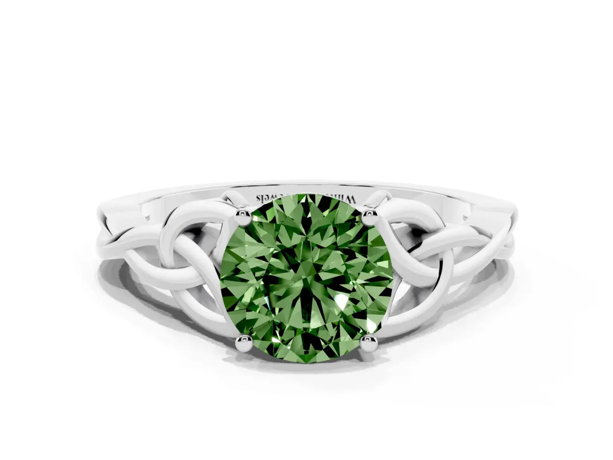Fancy Green Round Cut Diamond Solitaire Engagement Ring with Celtic Knot Band and Four-Prong Setting Silver