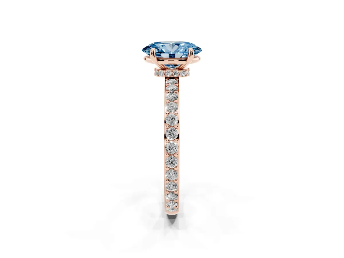 Fancy Blue Oval Cut Diamond Pavé Engagement Ring with Round Accents and Prong Setting Rose gold