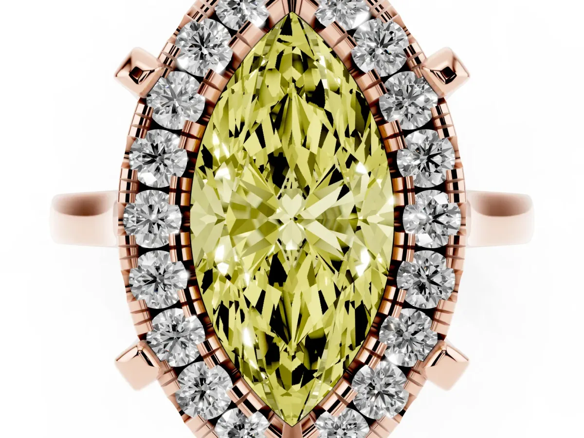 Fancy Yellow Marquise Cut Diamond Cluster Halo Solitaire with Four-Prong Setting Rose gold