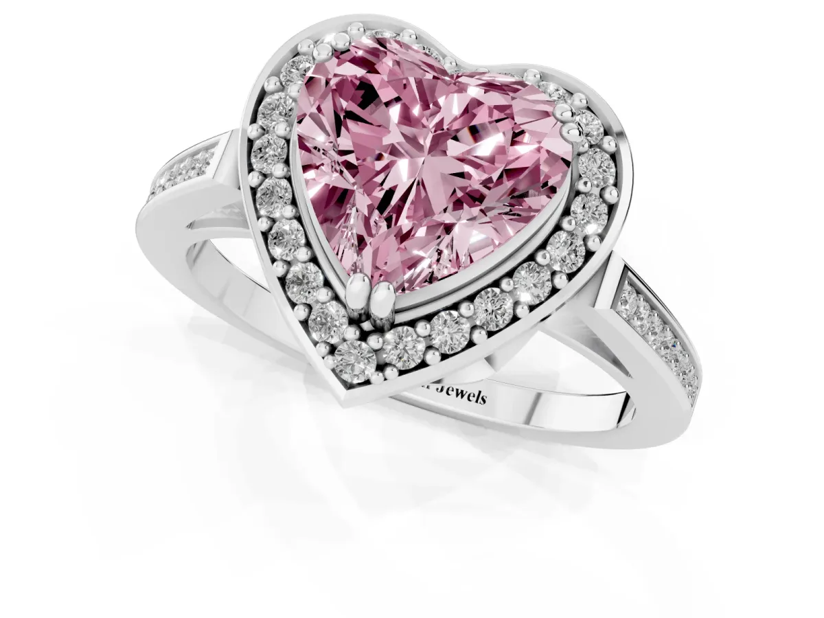 Fancy Pink Heart Cut Diamond Halo Ring with Split Shank and Four-Prong Setting Platinum