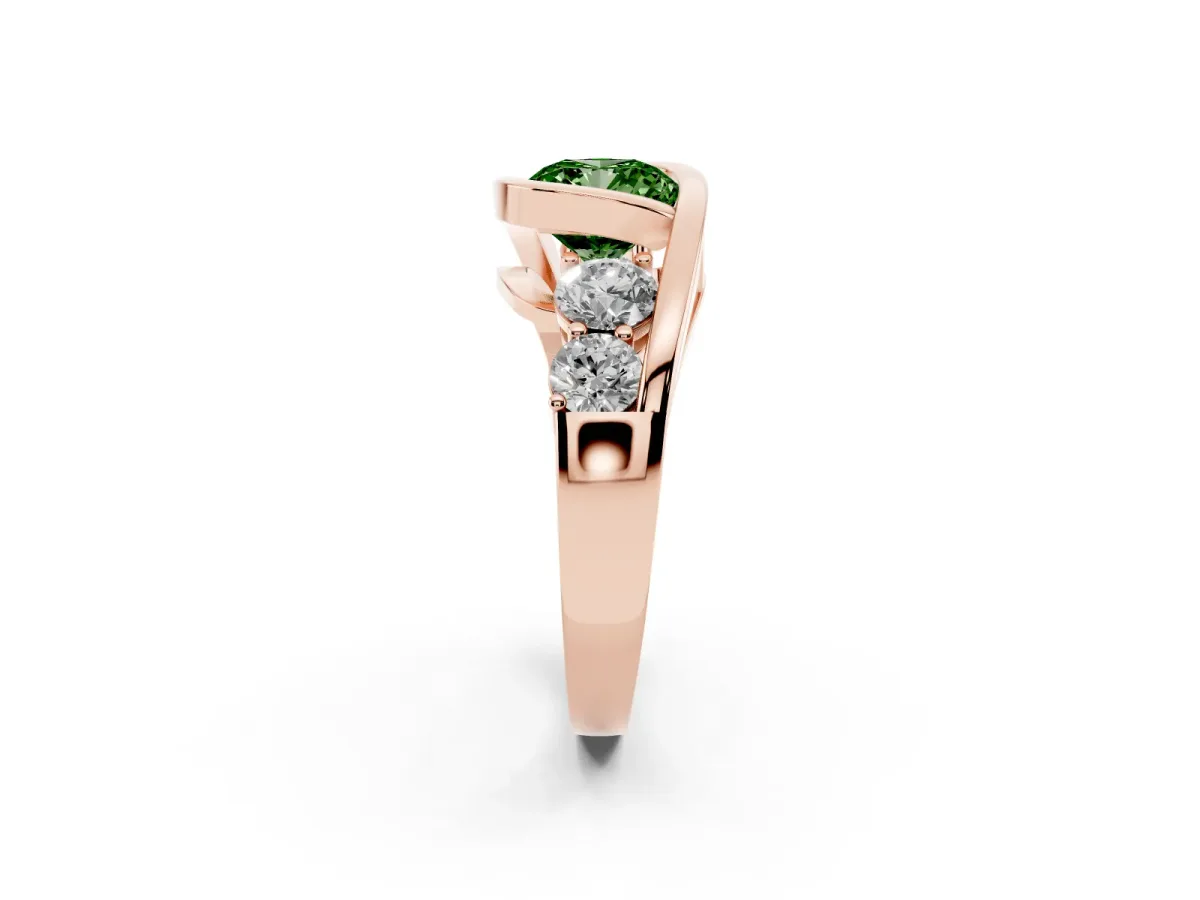 Fancy Green Bezel Set Cushion Cut Diamond Bypass Ring with Round Accents Rose gold