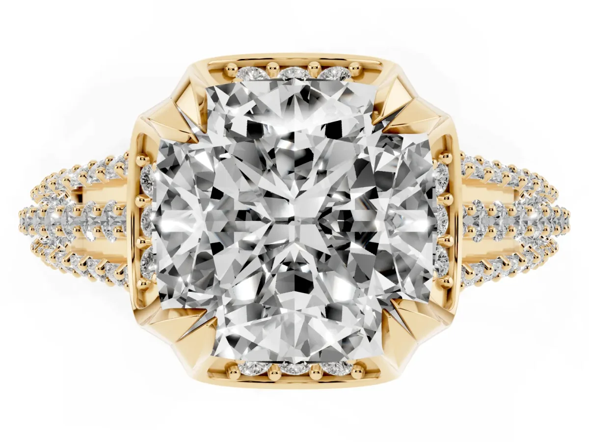 Cushion Cut Solitaire Pave Split Shank Ring with Four-Prong Setting Yellow gold