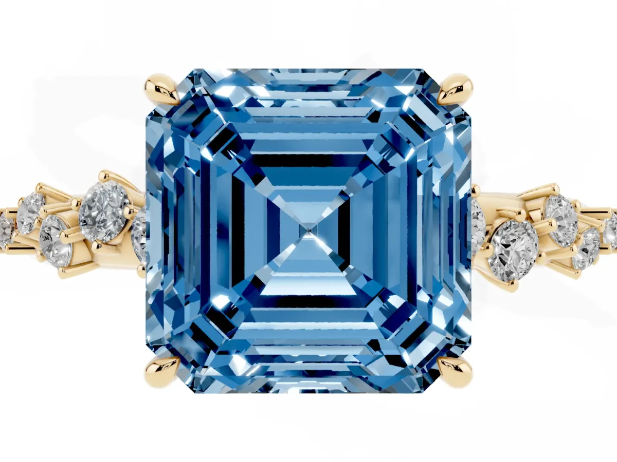 Fancy Blue Asscher Cut Diamond Cluster Side Stone Solitaire Ring with Prong Setting Yellow gold