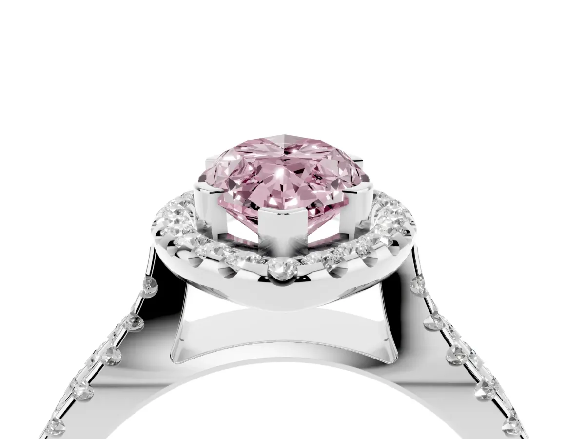 Fancy Pink Marquise Cut Diamond Halo Ring with Split Shank Pavé Band and Prong Setting Silver
