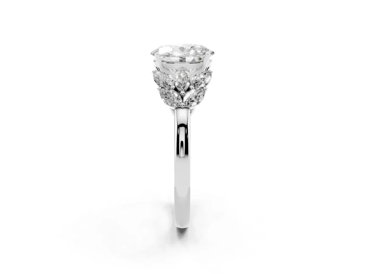 Oval Cut Diamond Cluster Leaf Design Ring with Prong Setting Platinum